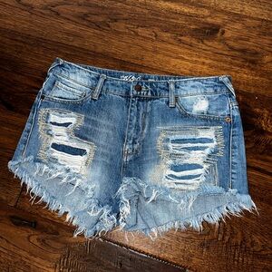Blue Distressed Jean Shorts with Frayed Hem